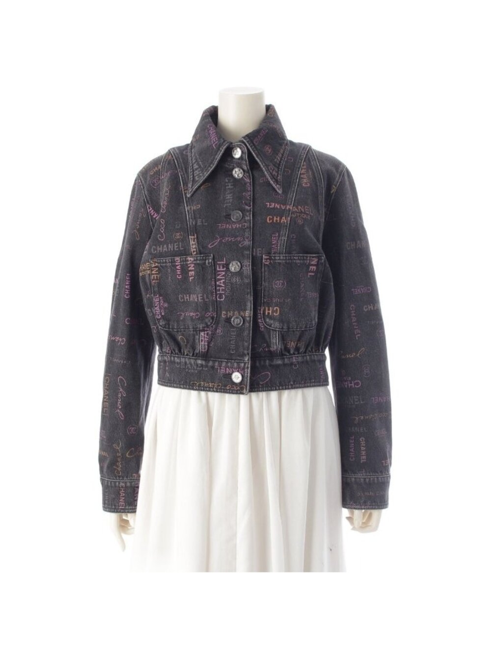 Chanel CC Logo Multi Print Denim Jacket Black Multicolor 36
